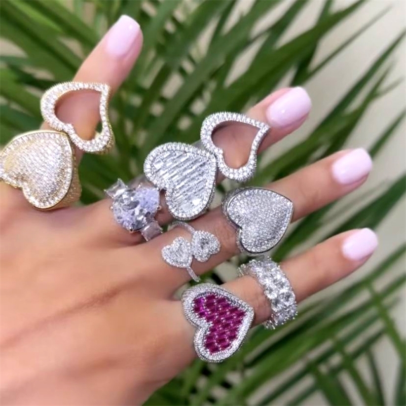 Wedding Rings Full Iced Out Bling Hollow Heart Ring Gold Silver Color 5A CZ Micro Pave Cubic Zircon Hip Hop Punk Men Women Jewelry 231101