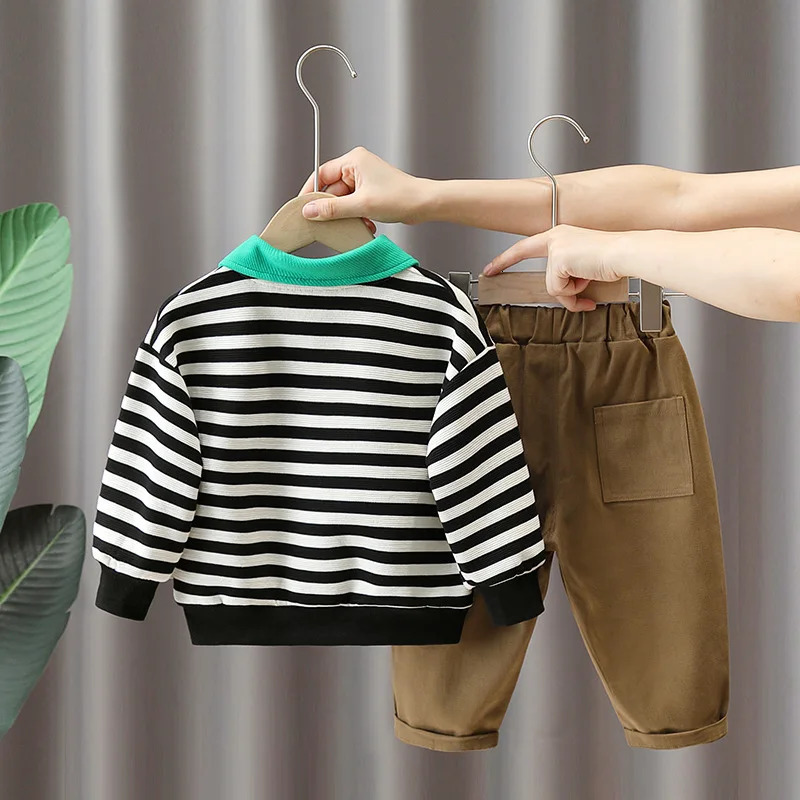 Clothing Sets Autumn Children Boy 2PCS Set Sticker Spliced Striped Polo Shirt Elastic Waist Cargo Pant Baby Outfits Kid Suits 231102