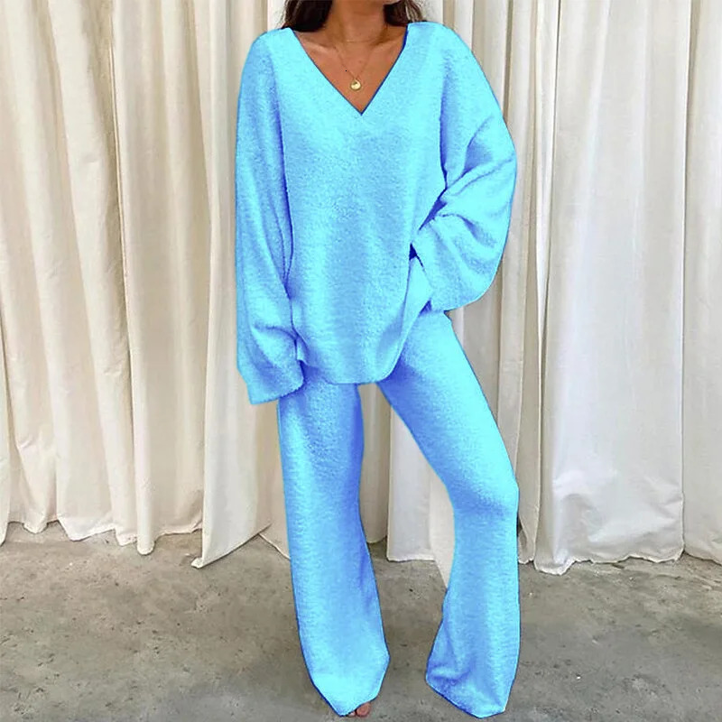 Women's Sleepwear Women Winter Comfort Solid Pajamas Set V-Neck Casual Daily Home Warm TopLong Pants Two Piece Set Warm Sleepwear Pijama S-3XL 23