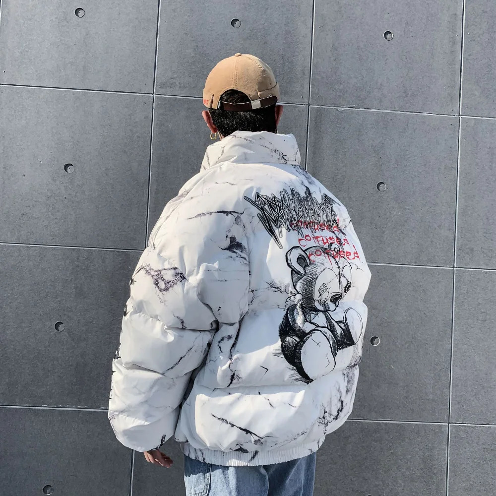Men's Down Parkas Hurt Bear Print Hip Hop Jacket Winter Jackets Men Oversize Streetwear Harajuku Padded jacket Coat Warm Outwear 231101