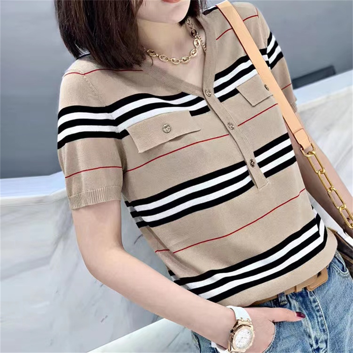 Designer Women's Knits Hollow Out Sweaters Short Sleeve T-shirts Fashion Pullover Plaid Embossed Print Knitting Top T-shirt Size S-2XL