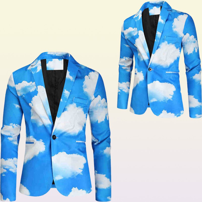 Suits Blazers Men Autumn And Winter New Fashion Blue Sky White Cloud Printed Suit Youth Random Single Button Suit J220906