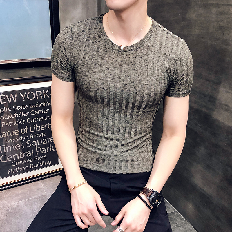 Men's T-Shirts Summer Men's T-Shirt Korea Ultra Thin Fashion Round Neck Half Sleeve Solid Bottom Striped T-Shirt 230403