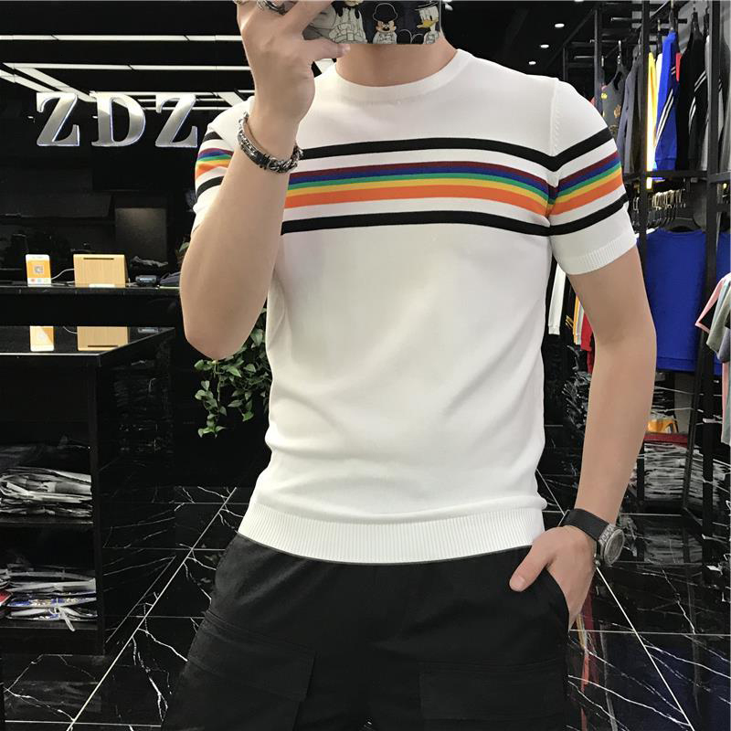 Men's T-Shirts Summer Men's Elastic T-shirt Patch Work Color Stripe Knitted T-shirt Men's Short Sleeve O-Neck Casual T-shirt 230403