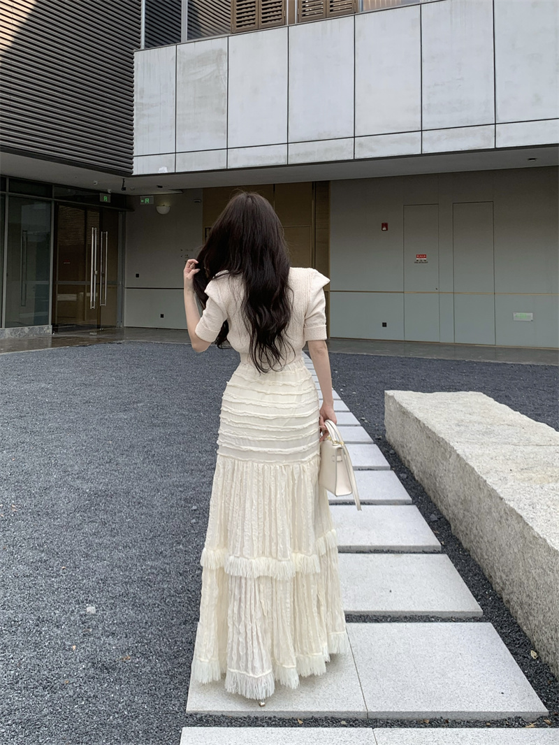 Womens o-neck half short sleeve knitted crop top and elastic waist cake layered lace ball gown skirt 2 piece dress suit SM