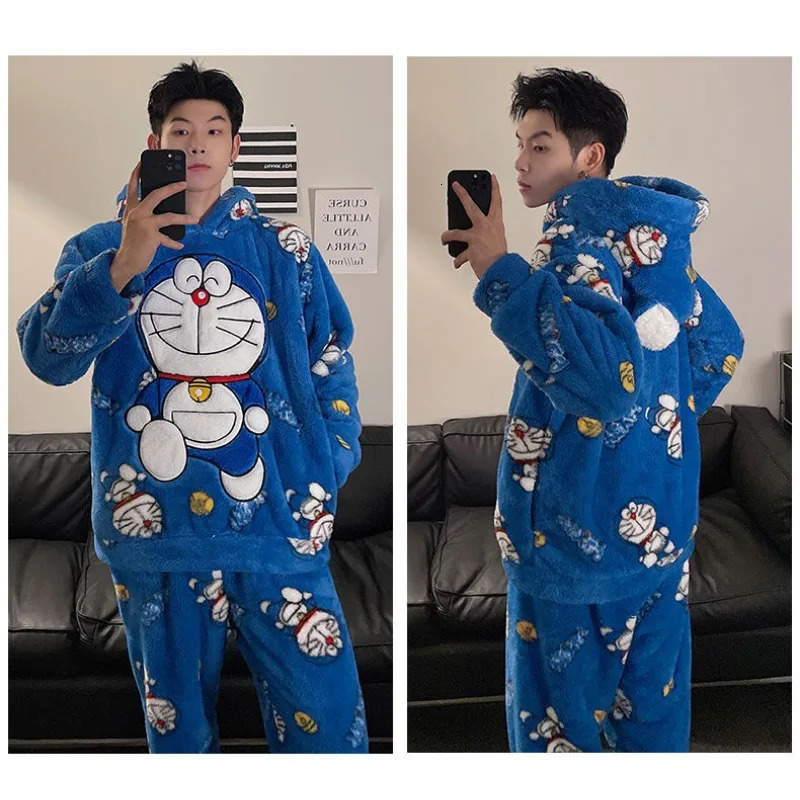 Men's Sleepwear 2023 Autumn Winter Coral Plush Thickened Loungewear Cartoon Enlarged Size Student Warm Homewear Set 231102Z