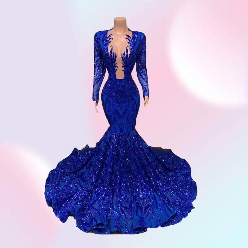 Royal Blue Mermaid Prom Dresses Sparkly Lace Sequins Long Sleeves Black Girls African Celebrity Evening Gown B0408