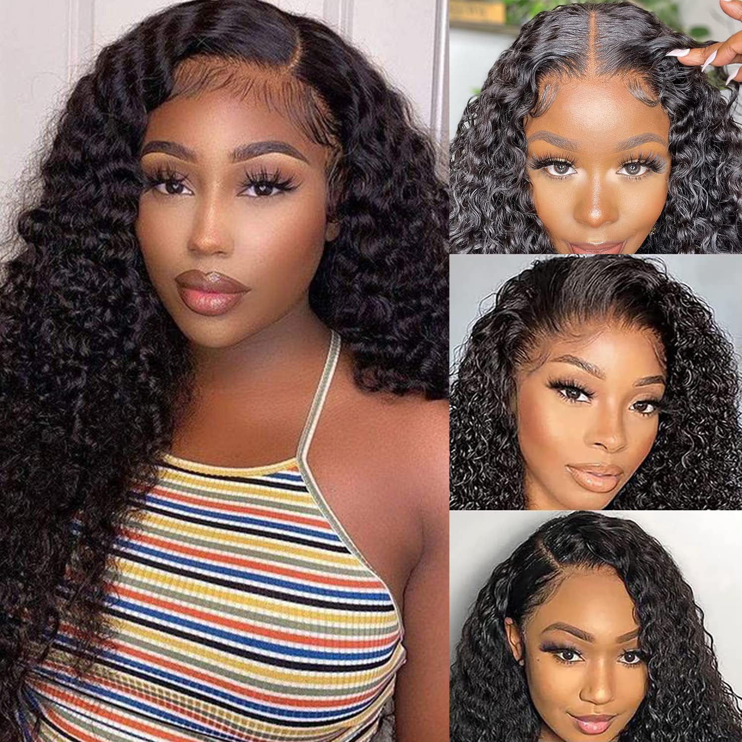 Full Lace Wigs Deep Curly Wave Long Virgin Human Hair Natural Hairline Thick Bleached Knots Lace Front Wig for Black Women Pre Plucked with Baby Hair 
