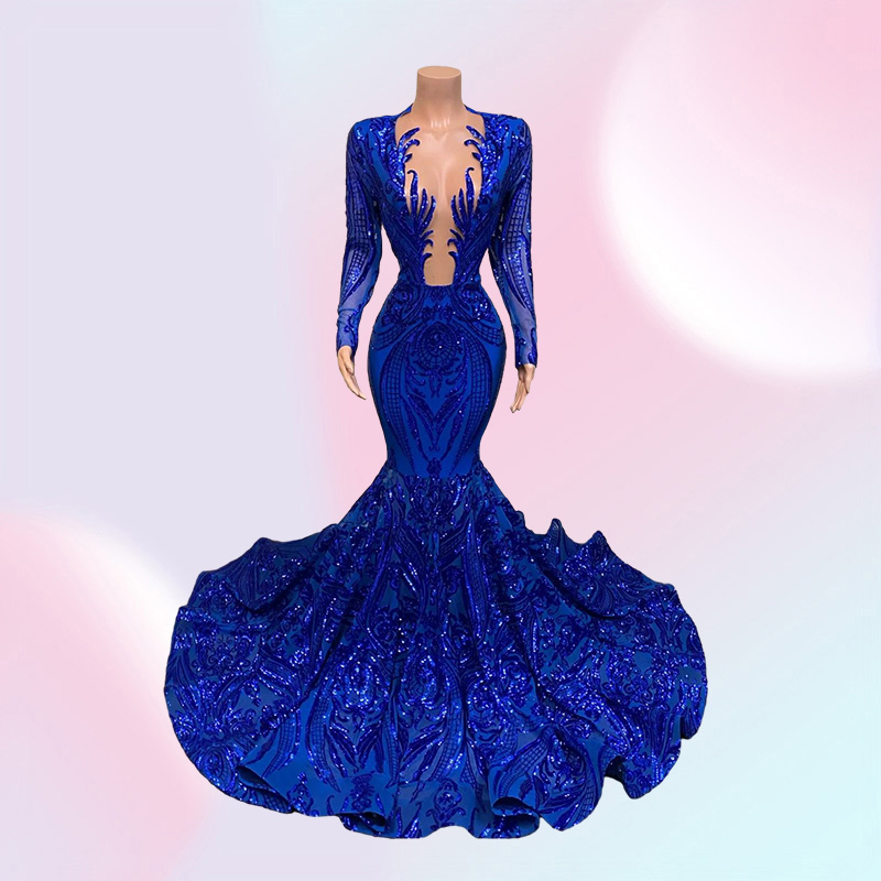 Royal Blue Mermaid Prom Dresses Sparkly Lace Sequins Long Sleeves Black Girls African Celebrity Evening Gown B0408