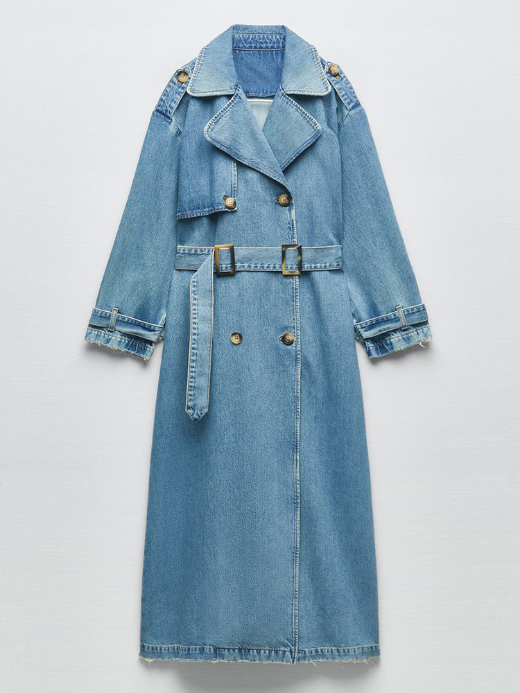 Women's Trench Coats Ailegogo Spring Autumn Women Loose Long Denim Coat with Belt Streetwear Female Retro Lapel Double Breasted Overcoat 230403