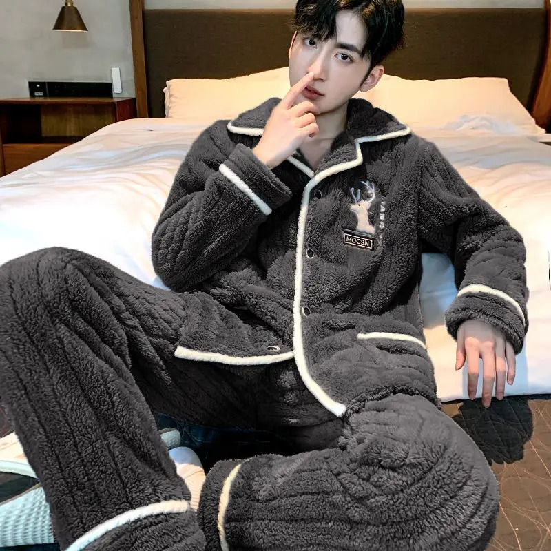 Men's Sleepwear Pajama Man Autumn Winter Warm Pajamas Set Coral Velvet Fleece Hooded Single Breasted Soft Nightwear Home Clothes 231102Z