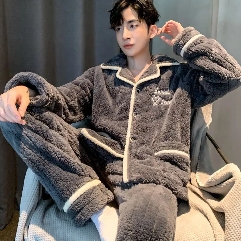 Men's Sleepwear Pajama Man Autumn Winter Warm Pajamas Set Coral Velvet Fleece Hooded Single Breasted Soft Nightwear Home Clothes 231102Z