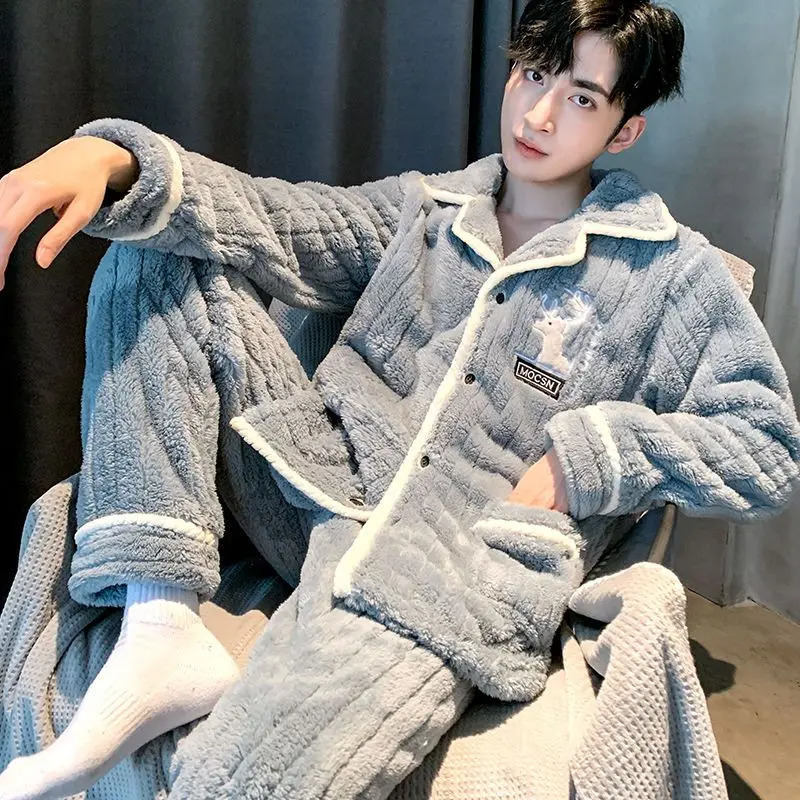 Men's Sleepwear Pajama Man Autumn Winter Warm Pajamas Set Coral Velvet Fleece Hooded Single Breasted Soft Nightwear Home Clothes 231102Z