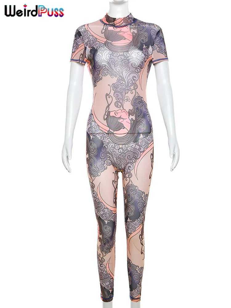 Women's Jumpsuits Rompers Weird Puss See Through Jumpsuit Women Fit Short Sleeve Backless Thin Mesh Figure Print Hipster Sexy Stretch Activity Ov