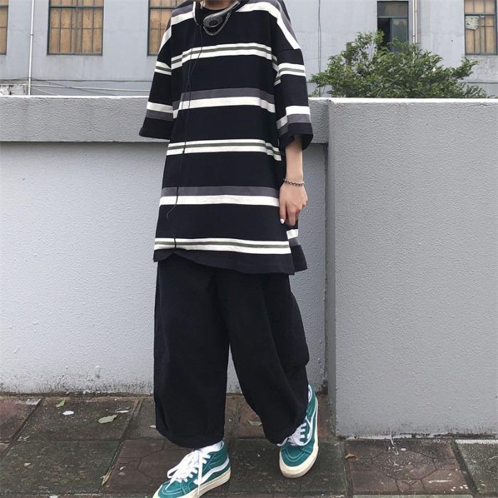 Men's T-Shirts Black Stripe T-shirt Boys Summer Punk T-shirt Boys Japanese Cool Clothing Casual Punk Clothing Loose Hip Hop Gothic Men's T-S