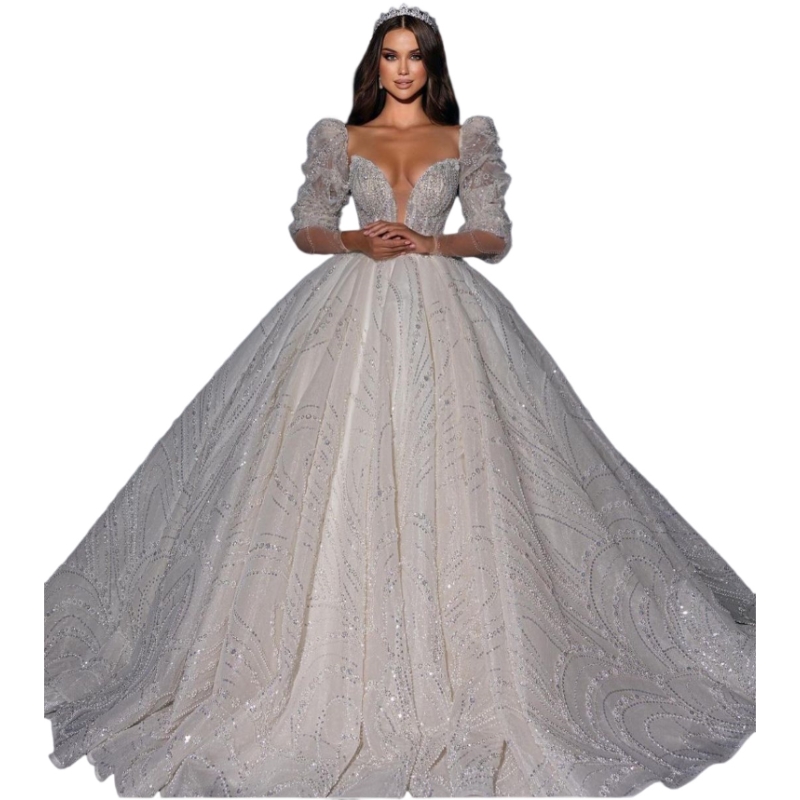 Vintage Ball Gown Dresses Puffy Sleeves Beads Crystal Diamond Princess Wedding Dress Long Train Bridal Gowns 0515