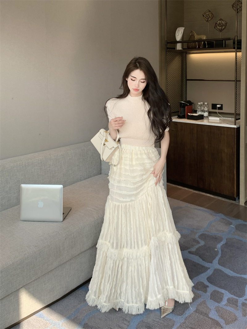 Womens o-neck half short sleeve knitted crop top and elastic waist cake layered lace ball gown skirt 2 piece dress suit SM