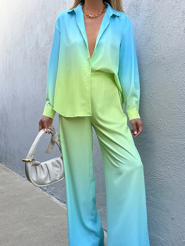 Women s Two Piece Pants Casual Loose Gradient Blouse 2 Set Elegant Satin Long Sleeve Shirt Straight Pant Outfits 2023 Spring High Street Lady Suit 230
