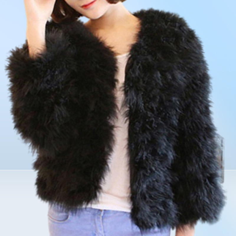 Luxury Warm Ladies Coat Ostrich Hair Fur Coat Women Short Turkey Feather Jacket Winter Long Sleeve Overcoat WhiteBlackBlue