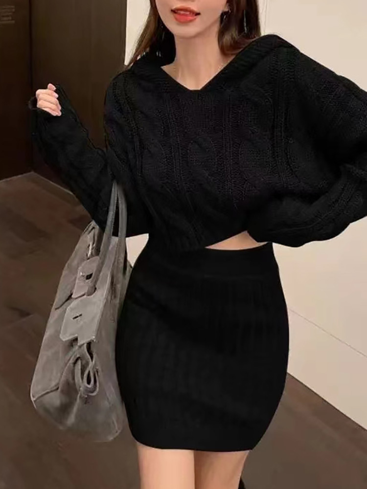 Two Piece Dress HELIAR Women Ribbed Skirts Sets Knitted Hooded Sweater And High Waist Bodycon Skirt Two Pieces Sets Women Autumn Winter 230403