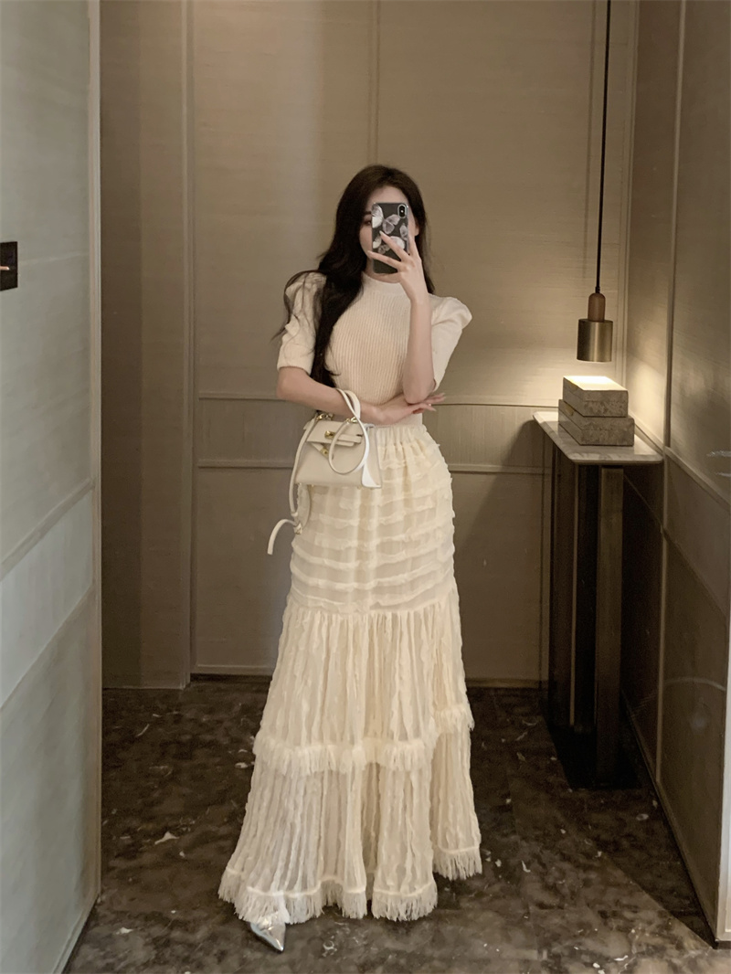 Womens o-neck half short sleeve knitted crop top and elastic waist cake layered lace ball gown skirt 2 piece dress suit SM