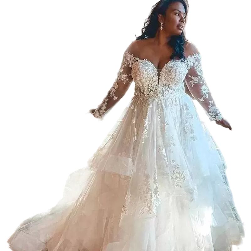 Plus Size A-Line Corset Wedding Dress Long Sleeves V-Neck Vestido De Novia Lace Appliques Ruffles Tiered Long Country Bridal Gowns Lace-Up Back 2023