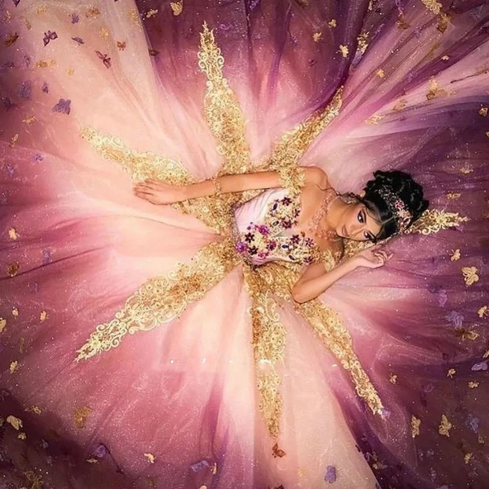 3D Colorful Butterfly Quinceanera Dresses Ball Gown 2024 Off The Shoulder Lace Sweet 16 Vestidos De 15 Anos 0212D