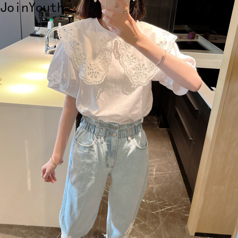 Women's T-Shirt White Shirts for Women Chic Hollow Out Peter Pan Collar Sweet Tshirt Oversized Fashion Loose Tops Y2k Clothes Korean T Shirt 2304