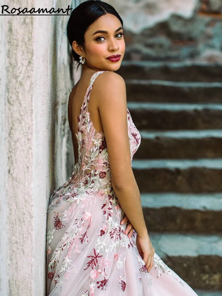 Colorful Wedding Dresses Lace Backless A-E V-Neck Sleeveless Country Bridal Gowns 6660312