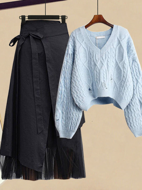 Two Piece Dress Women Winter Patchwork Long Sleeve Knitted Tops Asymmetric Skirt 2 Piece Suit Female Party Elegant Two Piece Set 230403