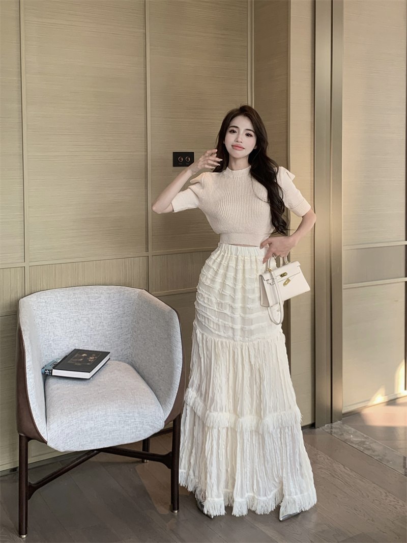 Womens o-neck half short sleeve knitted crop top and elastic waist cake layered lace ball gown skirt 2 piece dress suit SM