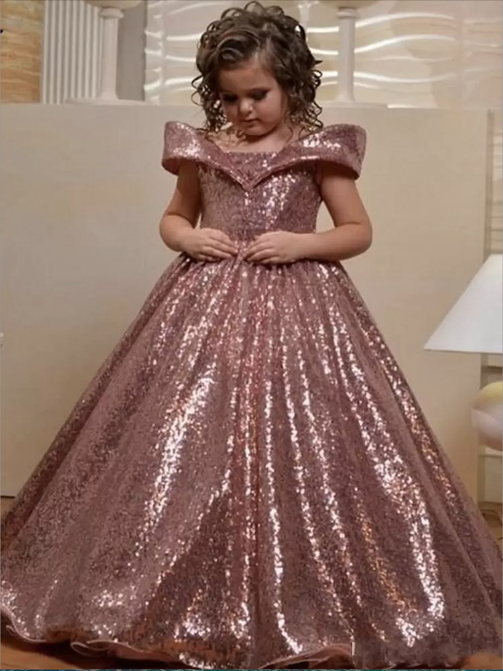 New Year's Rose Gold Sequins Flower Girls Dresses for Wedding Off Shoulder Cap Sleeves First Communion Dress Kids Prom Dress Girls Pageant Gowns 