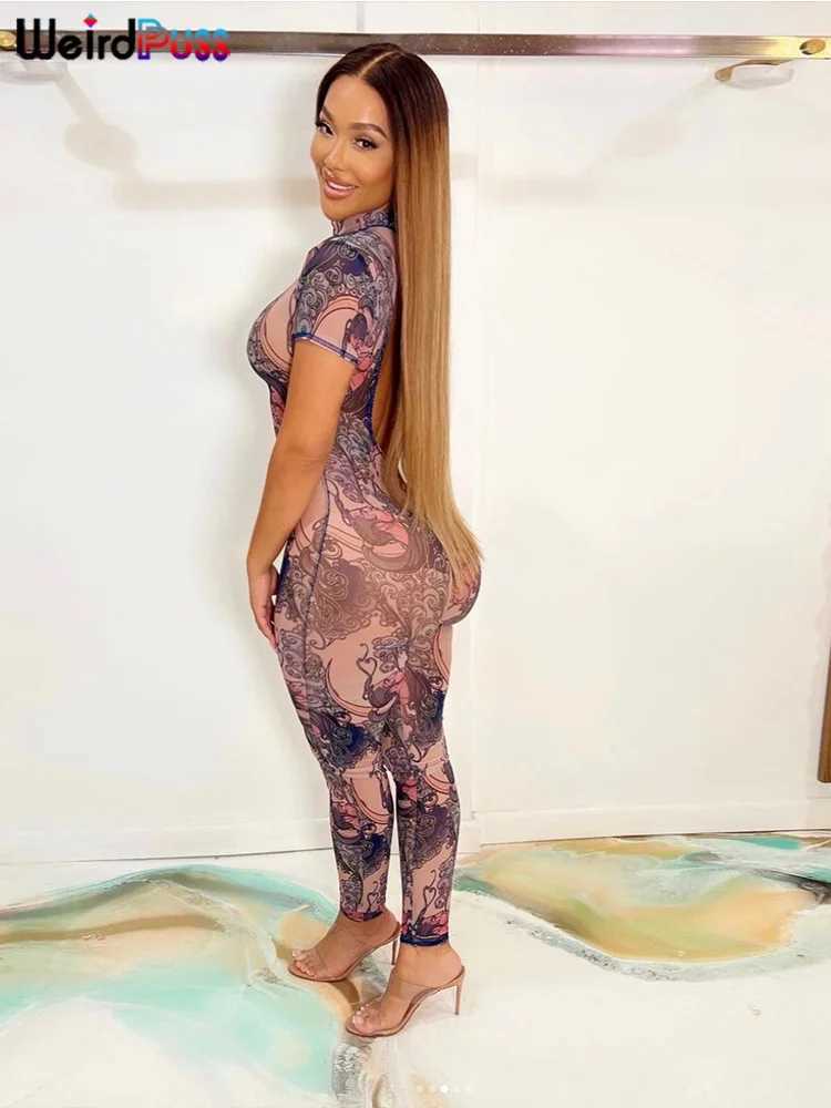 Women's Jumpsuits Rompers Weird Puss See Through Jumpsuit Women Fit Short Sleeve Backless Thin Mesh Figure Print Hipster Sexy Stretch Activity Ov