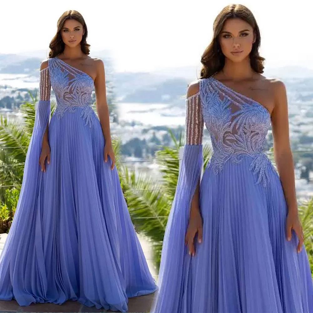 One-Shoulder Evening Dresses Formal Prom Party Gown A Line Long Sleeve Floor-Length Sweep Train Beaded Crystal Applique Lace Chiffon Gown, Lavender
One-Shoulder Evening Dresses Formal Prom Party Gown A Line Long Sleeve Floor-Length Sweep Train Beaded Crystal Applique Lace Chiffon Gown, Lavender