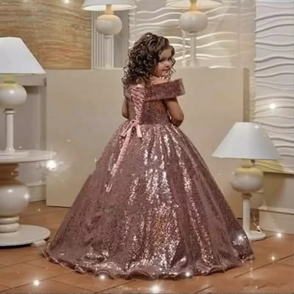 New Year's Rose Gold Sequins Flower Girls Dresses for Wedding Off Shoulder Cap Sleeves First Communion Dress Kids Prom Dress Girls Pageant Gowns 