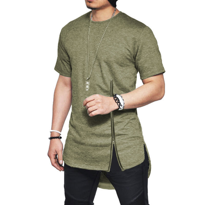 Men's T-Shirts Men's Short Sleeve Medium Zipper T-shirt Hip Hop Solid Street Apparel T-shirt Side Sewn T-shirt Men's Long Swing Hem Fun