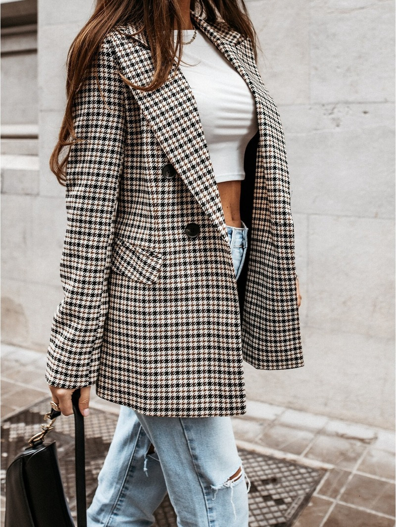 Women's Suits Blazers Plaid Blazer Jacket Women Spring Autumn Long Sleeve Casual Slim Blazers Khaki Woman Coats Fall Elegant Office Suit Coat 230
