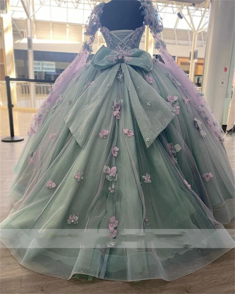 Princess Sweetheart Ball Gown Quinceanera Dresses Beaded Celebrity Party Gowns D Flowers Graduation Lantern Sleeve Vestido De S