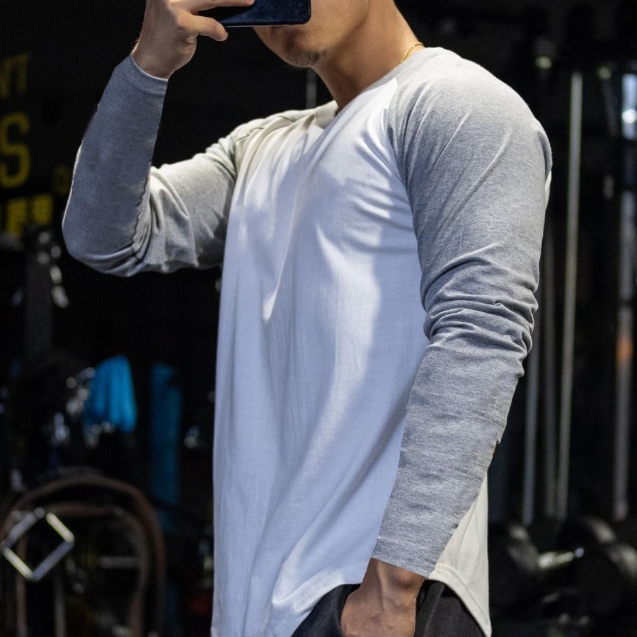 Men's T-Shirts Casual Long Sleeve T-shirt Men's Fitness Cotton Spliced Work T-shirt Men's Gym Exercise Top Spring Autumn Running Sports