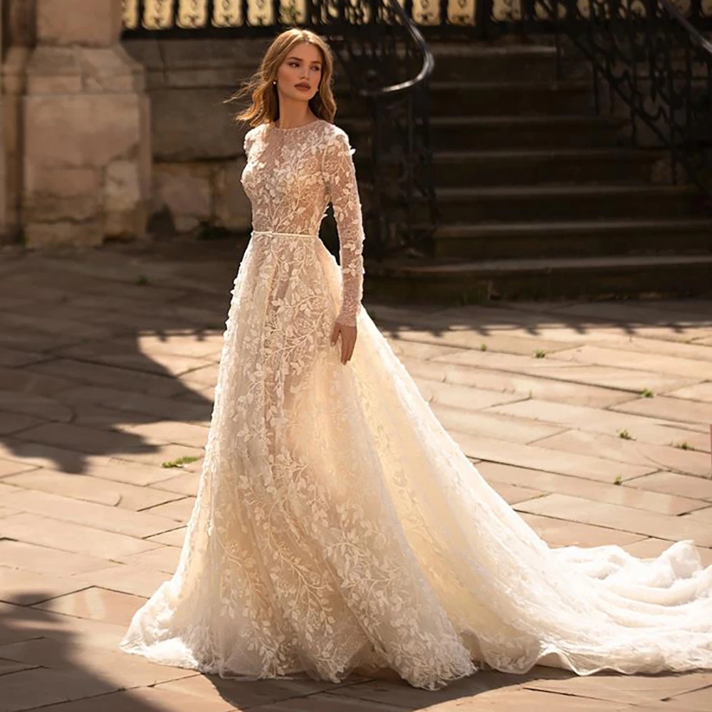 Ral High Neck Romantic Wedding Gown Long Sleeves Bridal Gowns Plus Size Vestidos De Novia Custom Made Lace 6660312
