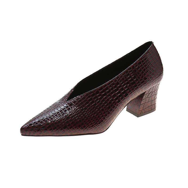 Dress Pointy V-neck Patent-leather Women High Heels New Spring Versatile Retro Chunky Single Shoes atos De Mujer Black 230403