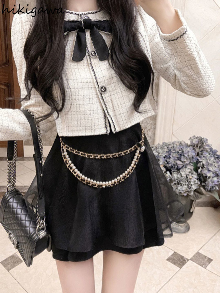 Two Piece Dress Temperament Two Piece Stes Women Ropa Mujer Bow Lang Sleeve Jackets Mini Pleated Skirt Outfits Fashion Sweet Y2k Clothes 230403