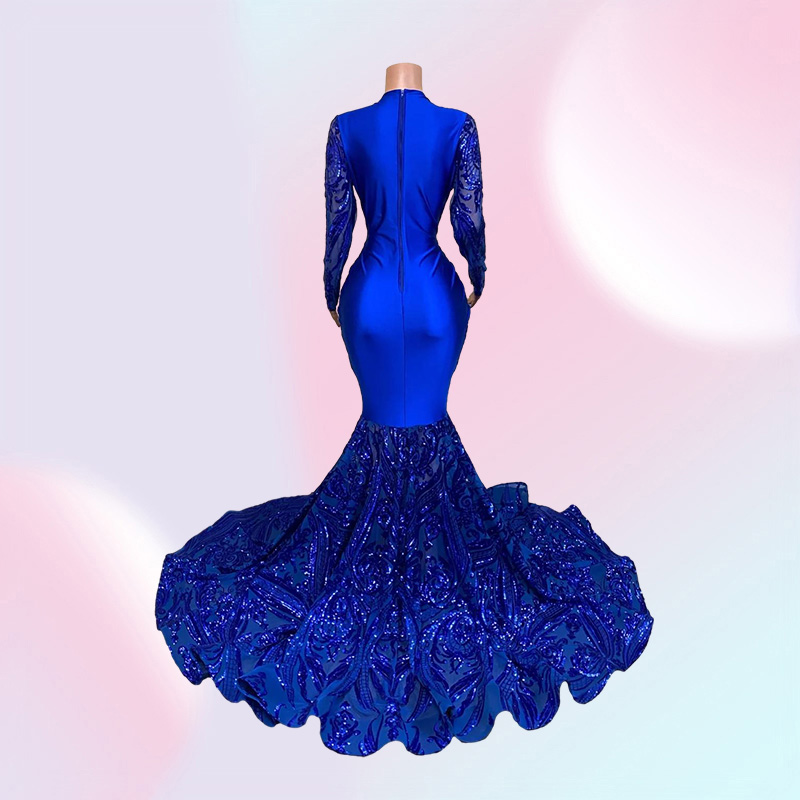 Royal Blue Mermaid Prom Dresses Sparkly Lace Sequins Long Sleeves Black Girls African Celebrity Evening Gown B0408