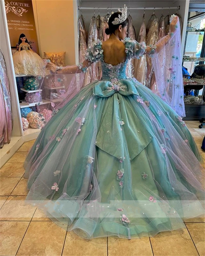 Princess Sweetheart Ball Gown Quinceanera Dresses Beaded Celebrity Party Gowns D Flowers Graduation Lantern Sleeve Vestido De S