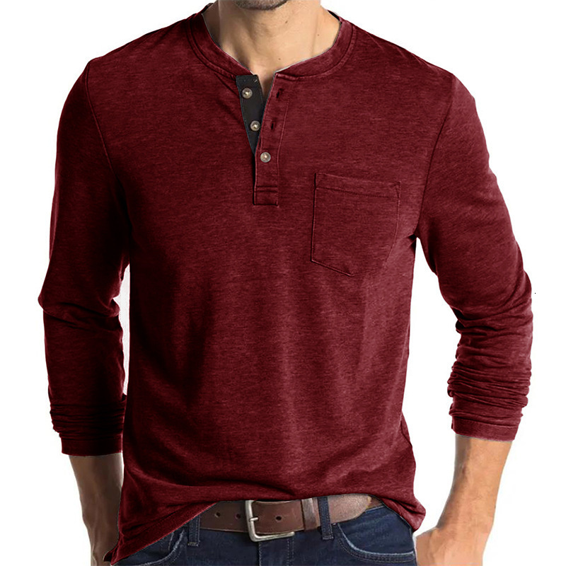 Men's T-Shirts SHIONFA Men's Henry Neck Long Sleeve T-Shirt Solid Casual Top Single Chest Pocket Soft and Comfortable Spring Bottom 230403