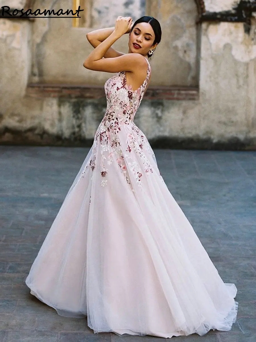 Colorful Wedding Dresses Lace Backless A-E V-Neck Sleeveless Country Bridal Gowns 6660312