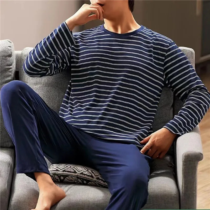 Men's Sleepwear 6 Colors Stripe Lattice Letter Print Men Top Pants Nightwear Set Soft Oneck Long Sleeve Sleeping Resting Home Party Pajama 231102