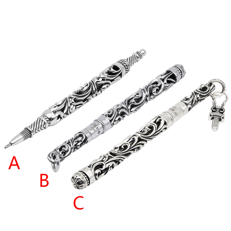 G14 S925 Sterling Silver Carved Signature Pen All Silver Ballpoint Pen Business Gift Personalized Fashion Punk Hip Hop Style Jewelry Cross Flower Lett