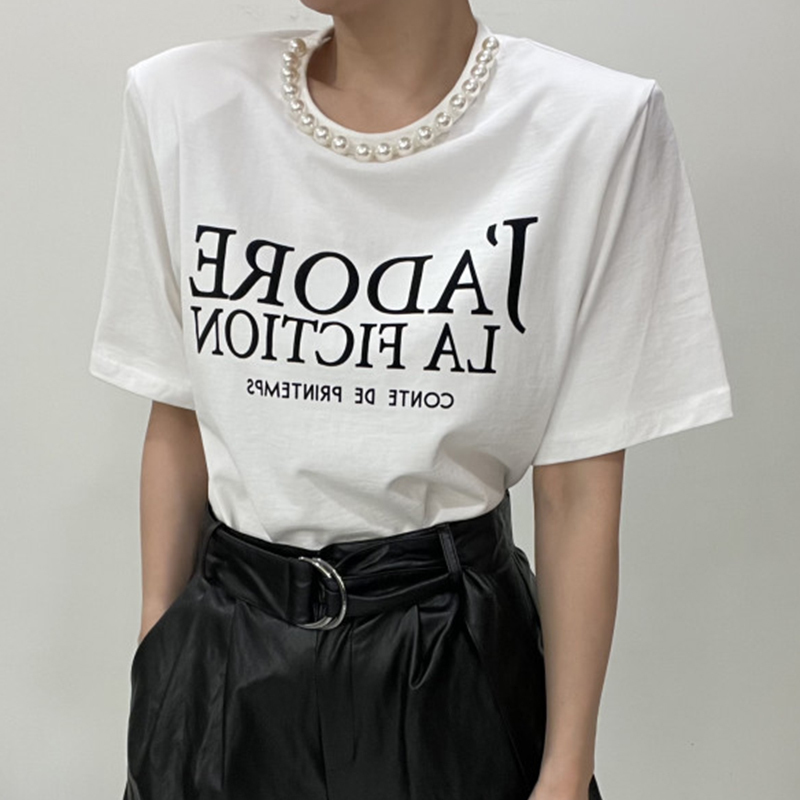 Women's T-Shirt Komiyama Patchwork Pearl Y2k Clothes Korean Chic Letter Print Tops Women Short Sleeve T Shirt Summer Shoulder Pad Tees 230403