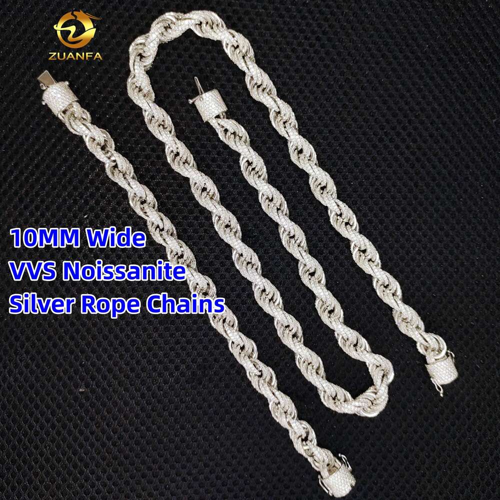 Zuanfa big size chain fashion sier jewelry 10mm vvs moissanite rope bracelet necklace for men and women